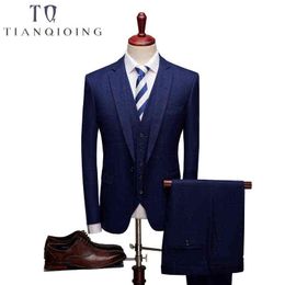 Male Fashion Boutique A Three-piece Suits Jacket Blazers / Men's Plaid for Business Suit Sets Male Pants vest Blazers Waistcoat X0909