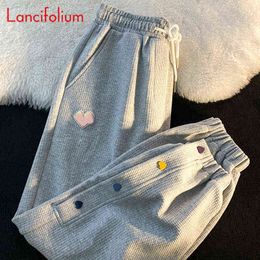 Y2k Chic Button Harem Sweatpants Cute Korean Kawaii Wide Leg High Waist Streetwear Women Fall Waffle Cargo Bloomers Harem Pants Y211115