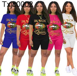 Women Tracksuits Two Pieces Set Deisgner Lip Letters Printed Short Sleeve T-shirt Shorts Solid Colour Jogger Sets Yoga Outfits 5 Colours