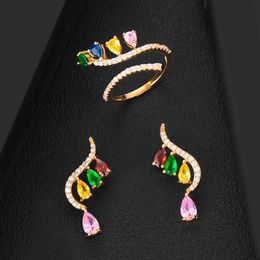 GODKI 2021 Charms 2PCS Earring Ring Set For Women Wedding Party Multicolor Cubic Zircon Dubai Bridal Jewellery Gift BOHO