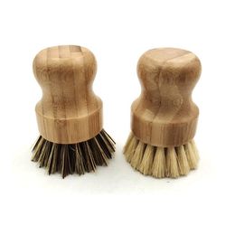 Palm Pot Wash Brush Wooden Round Mini Dish Brush Natural Scrub Brush Durable Scrubber Short Handle Cleaning Dishes Kitchen Kit KKF5018