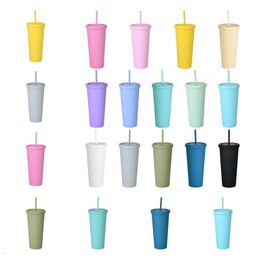 New Kitchen Bar tools 14 Colors Drinkware double-deck plastic straw cups coffee cup 22oz straight cup plastic Mugs ZC066