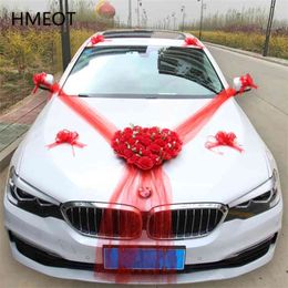 Heart-shaped Artificial Garland For Wedding Car Decoration Accessories Rose Flower Pull Bow Ribbon Sucker Door Corner 210706