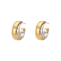 Gold And Silver Contrast Stud Double Hoop Earrings Sliding Design Niche Personality Fashion Trend All-Match Jewellery