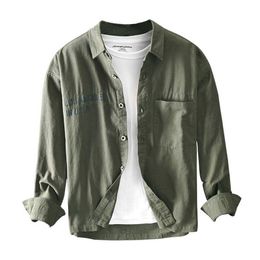 Letter Print Long Sleeve Shirt for Men Pure Cotton Turn-down Collar Army Green Khaki Tops Male Fashion Casual Loose Clothing 210601