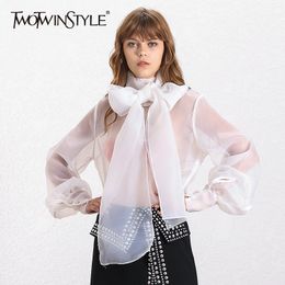 TWOTWINSTYLE Elegant Perspective Womens Tops And Blouses Lantern Sleeve Lace Up Plus Size Shirts Female Autumn Fashion New 210225
