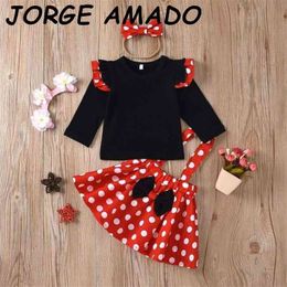 Wholesale Outfits Girls Cotton T-shirt+Dot Suspender Skirt+Hair Ring Baby Girl 3pcs Sets Clothes E1 210610