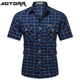 Fashion Mens Plaid Shirt Short Sleeve Bomber Military s 100% Pure Cotton High Quality Business Casual Lapel Men 210809