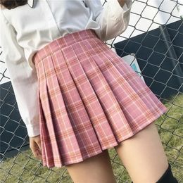 QRWR XS-3XL Plaid Summer Women Skirt High Waist Stitching Student Pleated s Cute Sweet Girls Dance Mini 220224