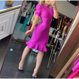 High Quality Black Purple Short Sleeve Ruffles Rayon Bandage Dress Elegant Club Party Dress Vestidos 210309