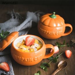 1pcs Cute Coffee Mug Ceramic Drinking with Lid Milk Mugs Breakfast Oatmeal Funny Pumpkin Cup Halloween Gift caneca Y201015