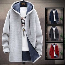 Fall Winter Men's Sweater Coat with Push Padded Hat, Medium Long Knitted Sweater, Cardigan, Fleece Wool Warm Coat 220108