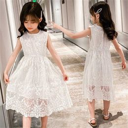 3-12Y Teens Kids Dresses for Girls Princess White Embroidery Lace Mesh Dress Q0716