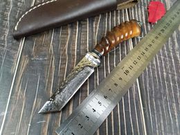 High Hardness Damascus Tanto Knife, Fixed Blade Hunting Knife Yellow Horns Handle Outdoor Camping Knives Survival EDC Tools Multi-funtion