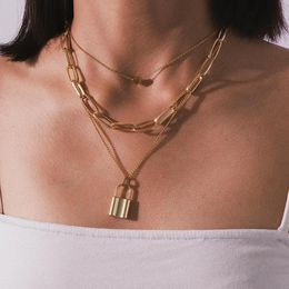 Hip Hop Multi Layers chain necklaces with heart lock women/men punk rock padlock pendant necklace Goth Jewellery