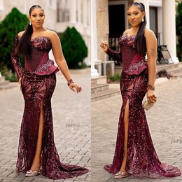 2022 Plus Size Arabic Aso Ebi Burgundy Mermaid Sexy Prom Dresses Lace Beaded Evening Formal Party Second Reception Birthday Engagement Gowns Dress ZJ446