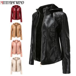 Winter PU Leather Jacket Women Velvet Keep Warm Motorcycle Jacket Hooded Collar Windbreaker Leather Coat Female 211007