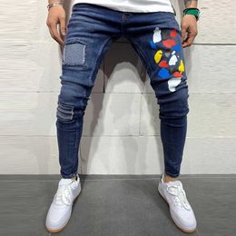 Men Ripped Jeans Slim Fit Denim Pant Biker Hip Hop Jeans Hole Taped Colorful Dot Print Skinny Distressed Denim Street Trouser X0621