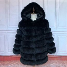 Real Fur Long Coat With Hood Natural Jacket HOOD Plus Size Female High Quality Winter Vests 211220