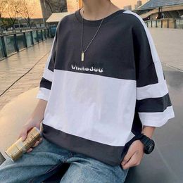 Cotton summer stitching short-sleeved t-shirt male students Korean loose trend youth clothes five-point sleeve men's clothing 210526