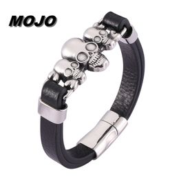 New Trendy Steampunk Style Stainless Steel Evil Skull Charm Black Leather Bracelet