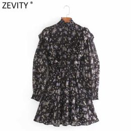 Zevity Women Elegant Elastic Stand Collar Flower Printing Sweet Ruffles Mini Dress Femme Long Sleeve Chic Chiffon Vestido DS4719 210603