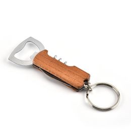 Wooden Handle Bottle Opener Keychain Knife Pulltap Double Hinged Corkscrew Stainless Steel Key Ring Openers Bar Kitchen Wine Tool
