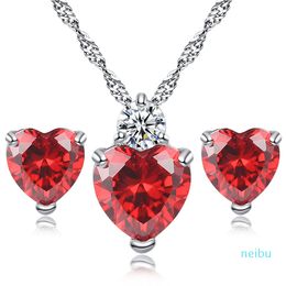 Platinum Plated Jewellery Set Girl Silver Zircon Heart Design Stud Earring Pendant Necklace Sets Women Party Gift Fashion Cubic Zirconia Charm