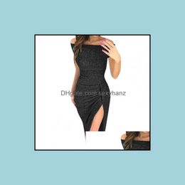 Casual Dresses Womens Clothing Apparel Bodycon Dress Off Shoder Shiny Spring Autumn Midi Slash Neck Strapless High Split Wedding Long Suit C