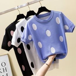 shintimes Polka Dot T Shirt Women Tshirt Knitted Cotton 2021 Summer Casual T-Shirt Korea Clothes Tee Shirt Femme Camisetas Mujer 210306