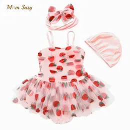 One-Pieces Born Baby Girl Strawberry Swim Suit With Cap Headwear Infant Toddler Tutu Dress Swimwear Bathing Kid Swimming Clothing
