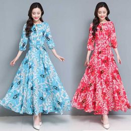 Spring Summer Arrival Round Collar Flower Printed Three-quarter Sleeve Chiffon Long Dress Plus Size M-3XL 210531