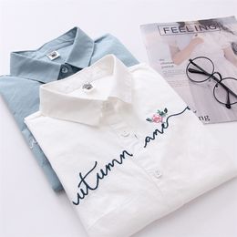 FEKEHA White 100% Cotton Women School Shirt Letter Floral Embroidery Blue Tops Ladies Blouses Long Sleeve Female Office Shirt 210225