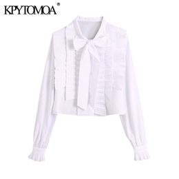 KPYTOMOA Women Fashion Ruffled Pleated Cropped Blouses Vintage Bow Tied Collar Long Sleeve Female Shirts Blusas Chic Tops 210225