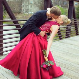 Satin A Line Prom High Neck Evening Dresses Formal Gowns Party Gown Two Pieces Dress Lace