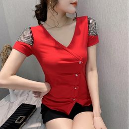 Summer Korean Clothes T-shirt Fashion Drape Button Women Tops Ropa Mujer Shirt Short Sleeve Diamonds Hollow Out Tees New T04822 210311