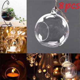 8Pcs 6/8cm Glass Candle Holder Hanging Tealight Globes Terrarium Wedding stick Vase Home Bar Decor 211222