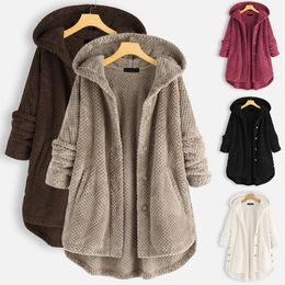 Mulheres Plus Size Outerwear Casacos Femininos Femininos Irregular Manga Longa Botão Botão Bolso Capuz Casaco 2022 Outono Inverno Mulheres Meninas Overs