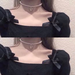 Punk Gothic Harajuku Pearl Chain Hollow Heart Shaped Pendant Retro Pearl Cross Choker Necklace Fashion Jewellery for Women Girls