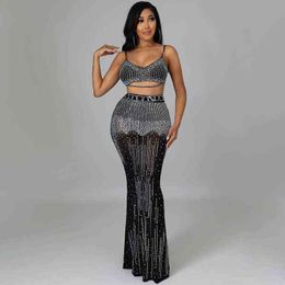 Sexy Crystal Birthday Dress for Women Long Bodycon See Through Sheer Mesh Maxi Elegant Evening Party Club 211115