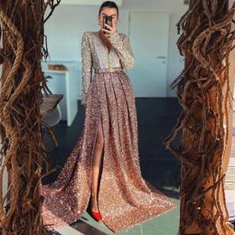 2022 Sparkly Silver Rose Gold Sequins Moroccan Caftan Evening Dresses For Arabic Women Sexy Deep V Neck Long Sleeves Front Split Prom Pageant Gowns Robe De Soiree