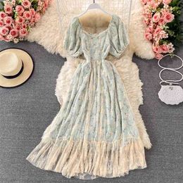 French Style Soft Lace Dress Women Fashion Summer Short Sleeve Square Collar Floral Print High Waist A-line Casual Daily 210603