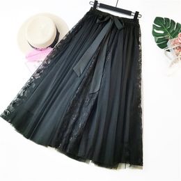 Fashion Tutu Tulle Skirt Women Long Maxi Skirt Korean Cute Bow High Waist Pleated Skirt Female School Sun Spodnica 210310