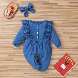 Spring Baby Girl Rompers born Clothes Toddler Flare Sleeve Solid Lace Design Romper Jumpsuit With Headband One-Pieces 210816