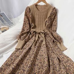 Corduroy Floral Women Dresses Vintage Knitted Patchwork Vestidos De Mujer 2021 Sweet Korean Long Dress A-line Y1006