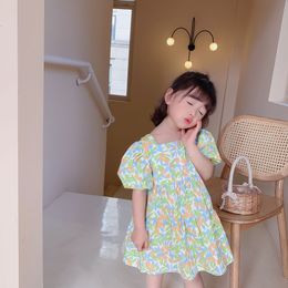 -KML Novo Coreano Ins Fashions Meninas Vestido De Flores Cute Crianças Pescoço Quadrado Verão Crianças Princesa Vestido