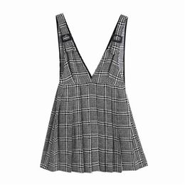 Elegant Women Grey Plaid Dress Fashion Ladies V-Neck Pleated Mini Vestidos Streetwear Female Chic Suspenders Dresses 210527