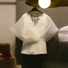 Korean Style Women Shirts Summer Temperament V-neck Ladies Blouses and Tops Short Sleeve Chiffon Stitching 210615