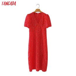 Tangada Summer Women Red Dots Robe Dress Puff Short Sleeve Ladies Midi Dress Vestidos 2M32 210609