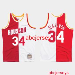 Stitched Hakeem Olajuwon Split Jersey White Red Add Any name number